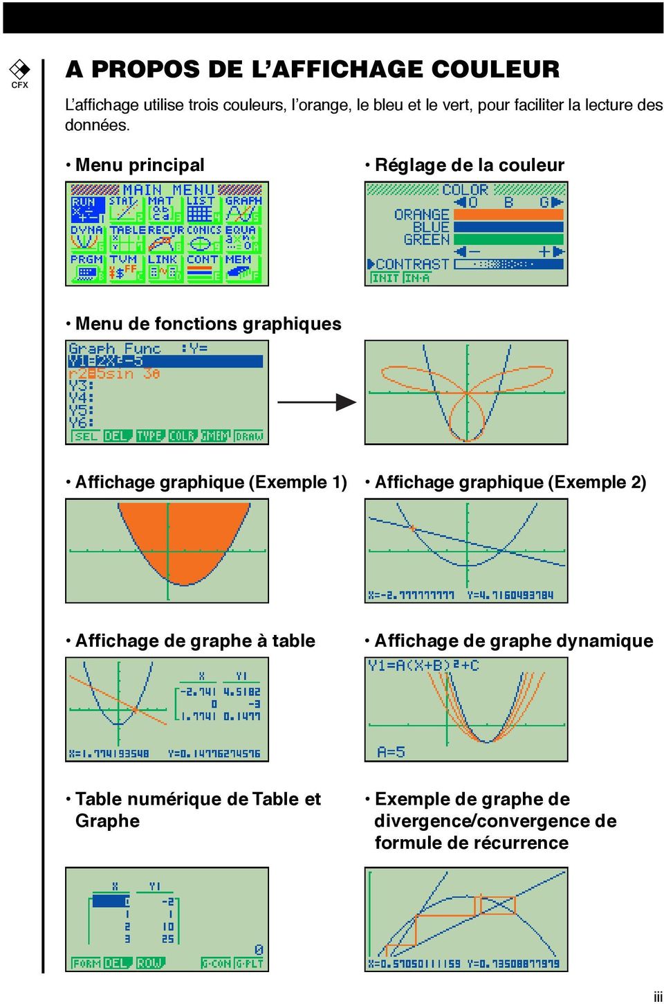 Menu principal Réglage de la couleur Menu de fonctions graphiques Affichage graphique (Exemple 1) Affichage