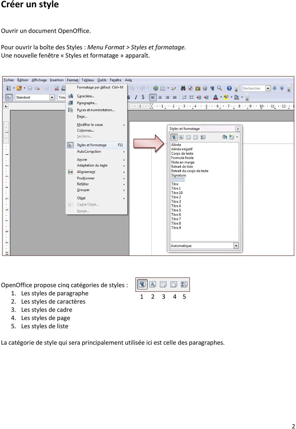 Une nouvelle fenêtre «Styles et formatage» apparaît. OpenOffice propose cinq catégories de styles : 1.