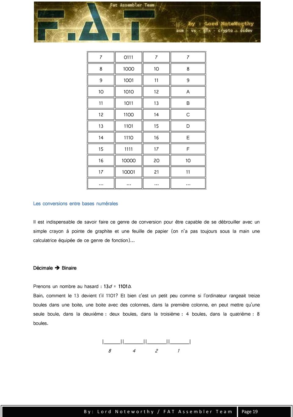 calculatrice équipée de ce genre de fonction) Décimale Binaire Prenons un nombre au hasard : 13d = 1101b. Bain, comment le 13 devient t'il 1101?