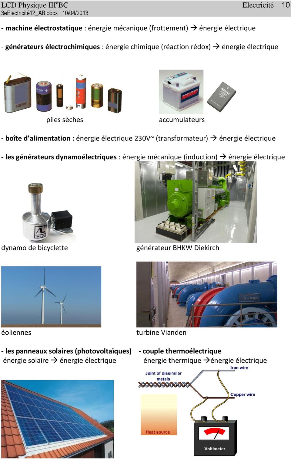 énergie électrique - les générateurs dynamoélectriques : énergie mécanique (induction) énergie électrique dynamo de bicyclette générateur BHKW Diekirch