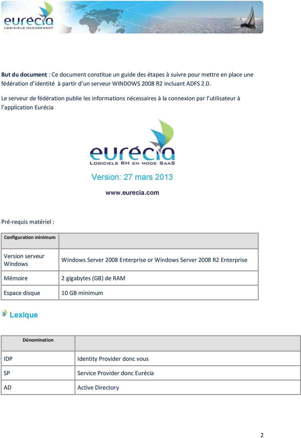 Le serveur de fédération publie les informations nécessaires à la connexion par l utilisateur à l application Eurécia Version: 27 mars 2013 www.eurecia.