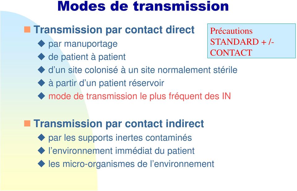le plus fréquent des IN Précautions STANDARD + /- CONTACT Transmission par contact indirect par
