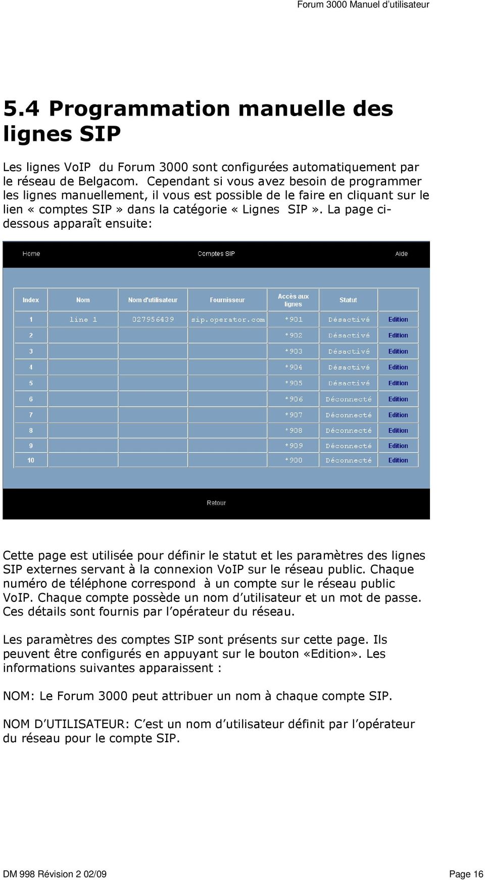 La page cidessous apparaît ensuite: Cette page est utilisée pour définir le statut et les paramètres des lignes SIP externes servant à la connexion VoIP sur le réseau public.