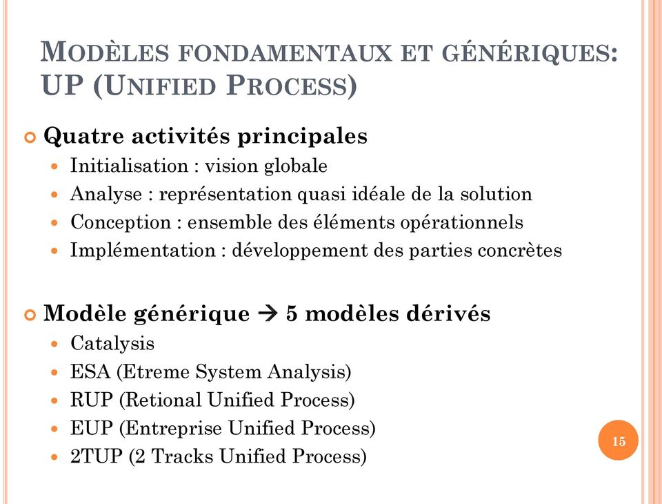 Implémentation : développement des parties concrètes Modèle générique 5 modèles dérivés Catalysis ESA (Etreme