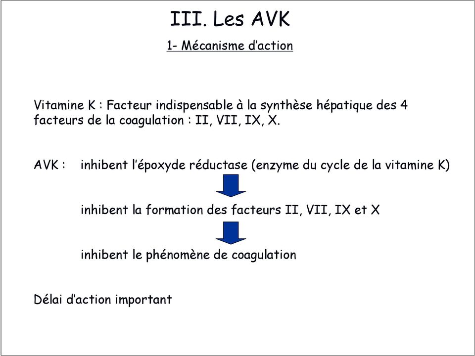 AVK : inhibent l époxyde réductase (enzyme du cycle de la vitamine K) inhibent la