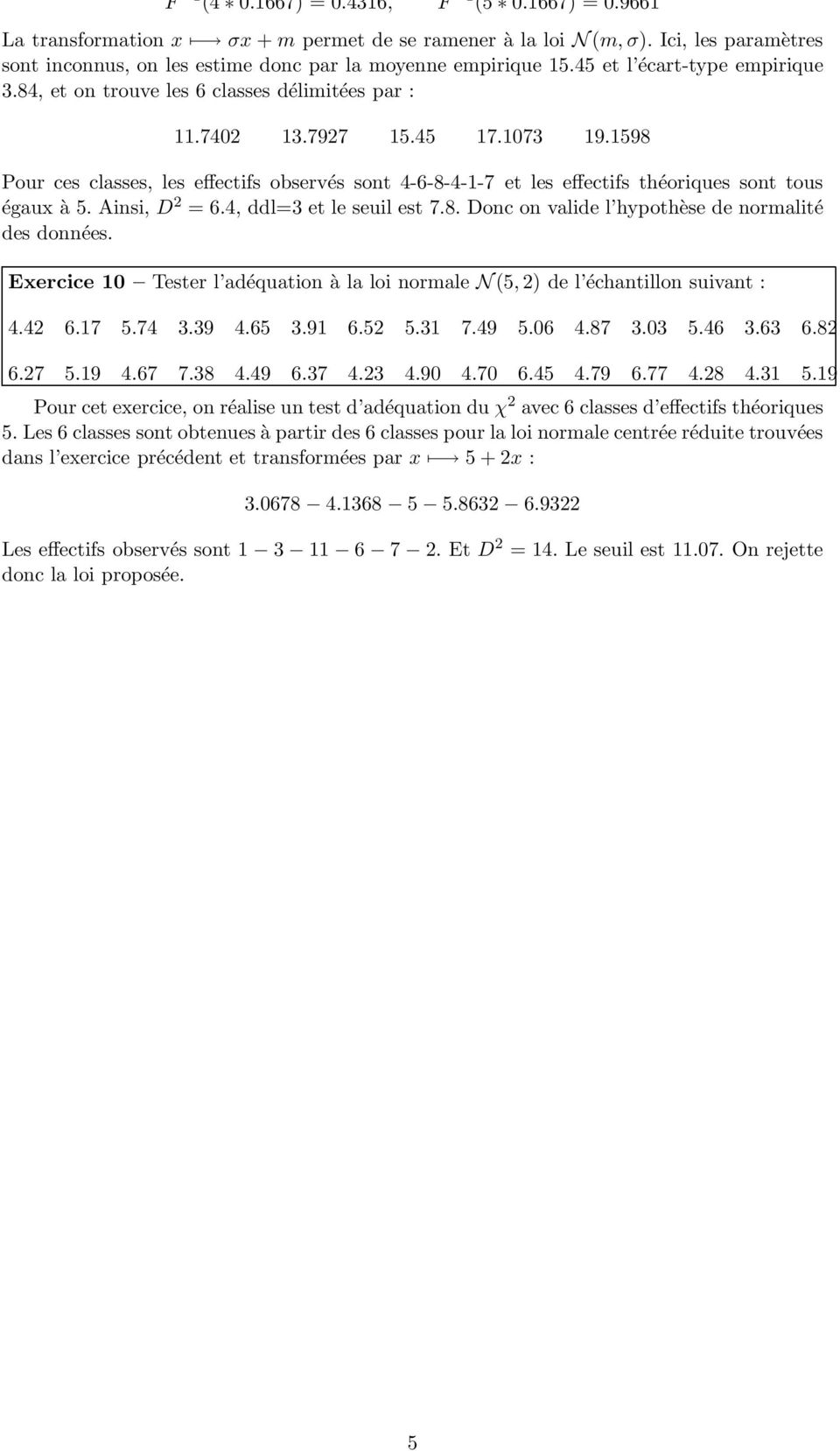 1598 Pour ces classes, les effectifs observés sont 4-6-8-4-1-7 et les effectifs théoriques sont tous égaux à 5. Ainsi, 6.4, ddl=3 et le seuil est 7.8. Donc on valide l hypothèse de normalité des données.