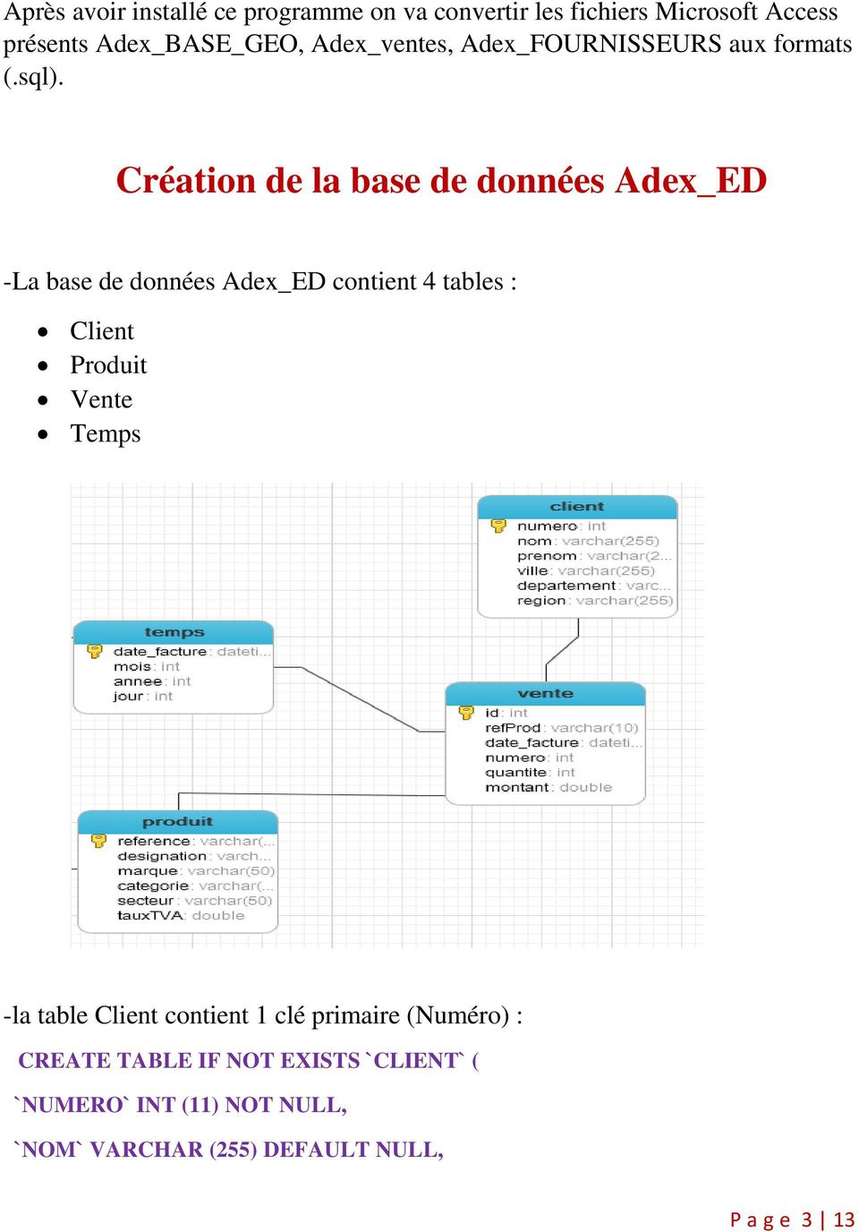 Création de la base de données Adex_ED -La base de données Adex_ED contient 4 tables : Client Produit Vente