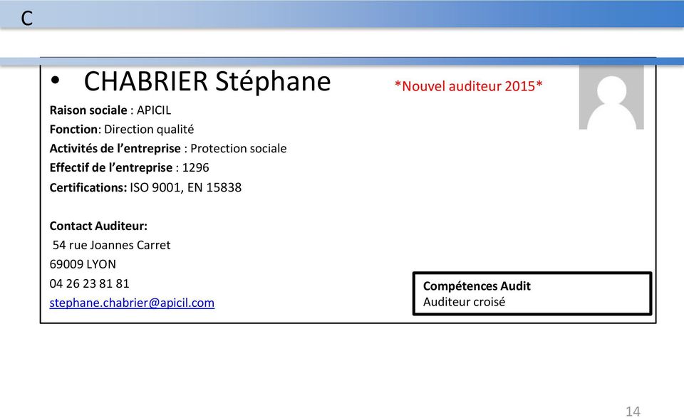 1296 Certifications: ISO 9001, EN 15838 *Nouvel auditeur 2015* 54 rue