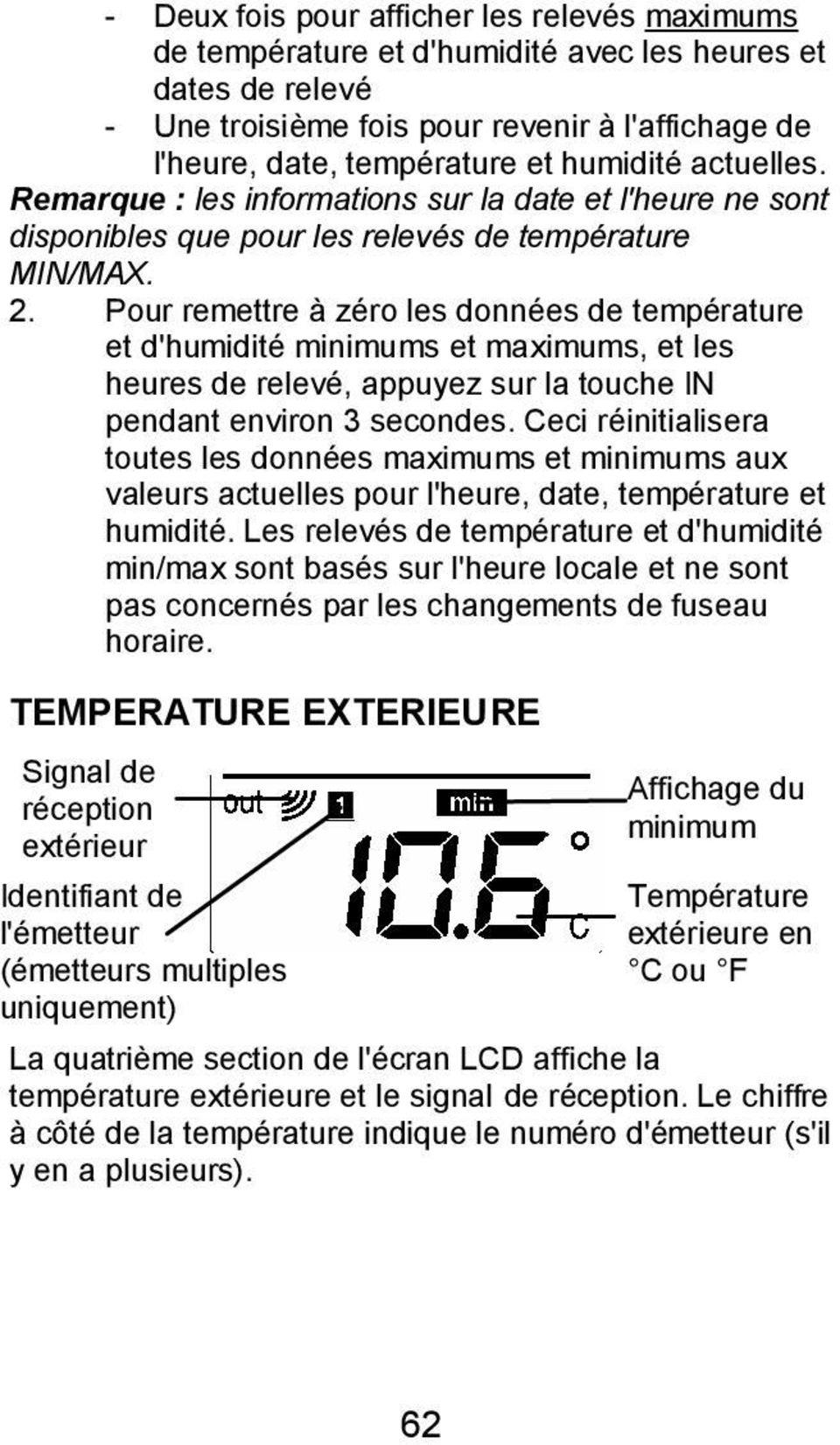 Pour remettre à zéro les données de température et d'humidité minimums et maximums, et les heures de relevé, appuyez sur la touche IN pendant environ 3 secondes.