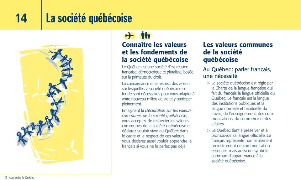En signant la Déclaration sur les valeurs communes de la société québécoise, vous acceptez de respecter les valeurs communes de la société québécoise et déclarez vouloir vivre au Québec dans le cadre
