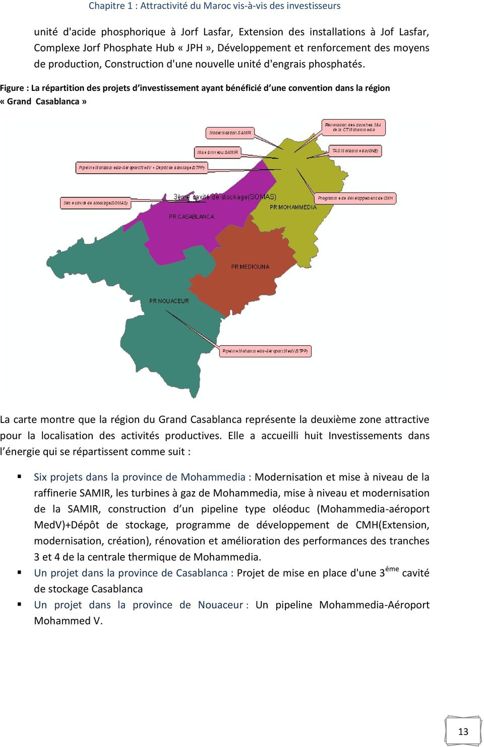 Figure : La répartition des projets d investissement ayant bénéficié d une convention dans la région «Grand Casablanca» La carte montre que la région du Grand Casablanca représente la deuxième zone