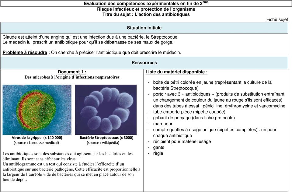 Ressources Document 1 : Des microbes à l origine d infections respiratoires Virus de la grippe (x 14 ) Bactérie Streptococcus (x 3) (source : Larousse médical) (source : wikipédia) Les antibiotiques