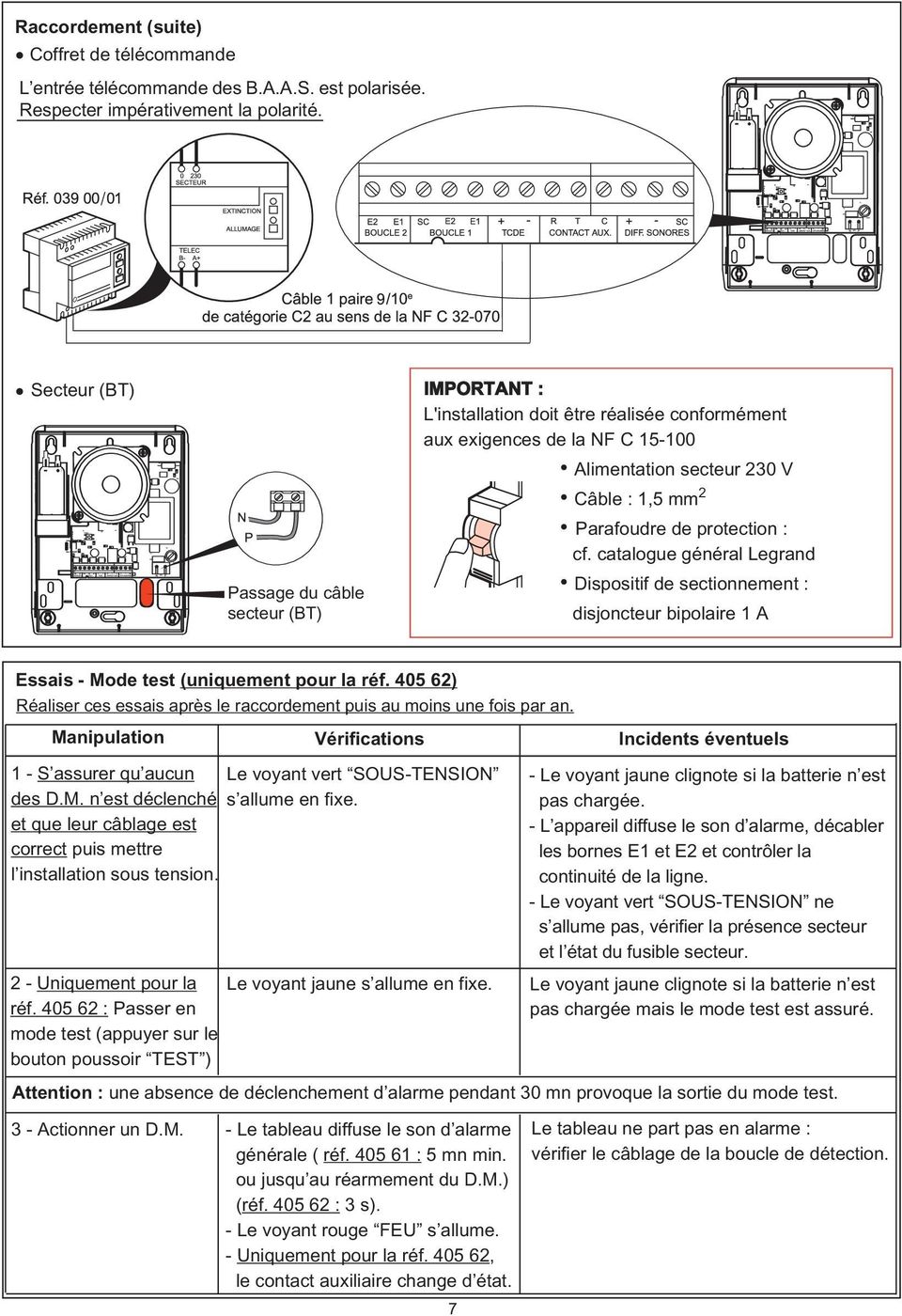 protection : cf. catalogue général Legrand Dispositif de sectionnement : disjoncteur bipolaire 1 A Essais - Mode test (uniquement pour la réf.