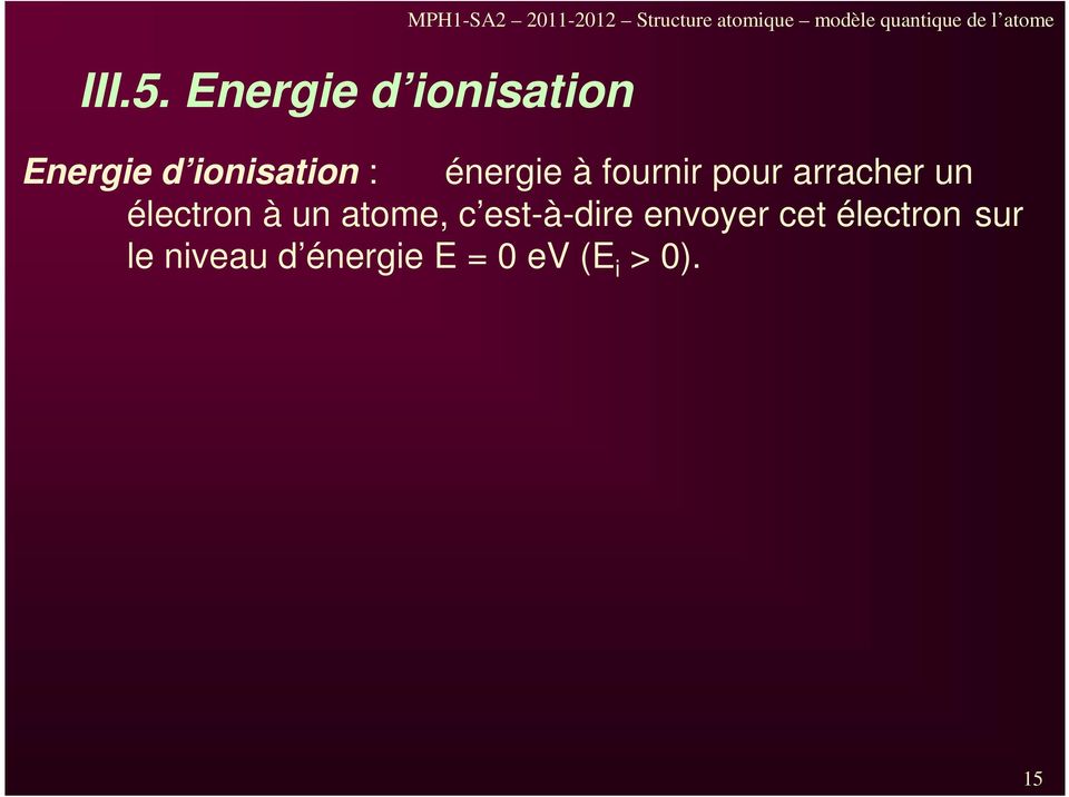 modèle quantique de l atome Energie d ionisation : énergie à