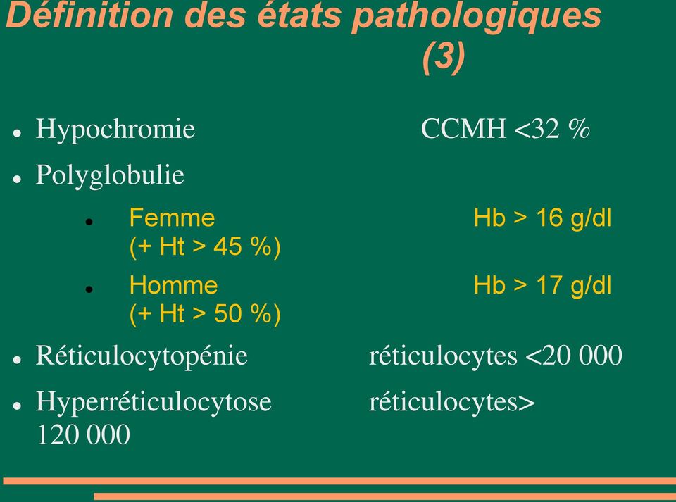 Homme Hb > 17 g/dl (+ Ht > 50 %) Réticulocytopénie
