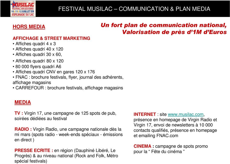 communication national, Valorisation de près d 1M d Euros MEDIA TV : Virgin 17, une campagne de 125 spots de pub, soirées dédiées au festival RADIO : Virgin Radio, une campagne nationale dès la mi
