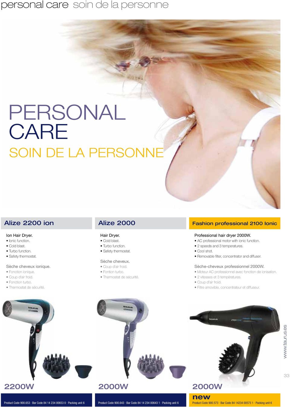 Thermostat de sécurité. Fashion professional 2100 Ionic Professional hair dryer 2000W. AC professional motor with ionic function. 2 speeds and 3 temperatures. Cool shot.