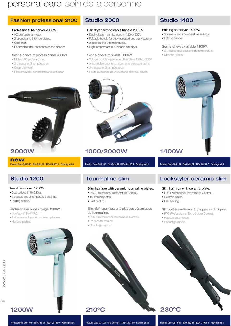 Studio 2000 Hair dryer with foldable handle 2000W. Dual voltage can be used in 120 or 230V. Foldable handle for easy transport and easy storage. 2 speeds and 3 temperatures.