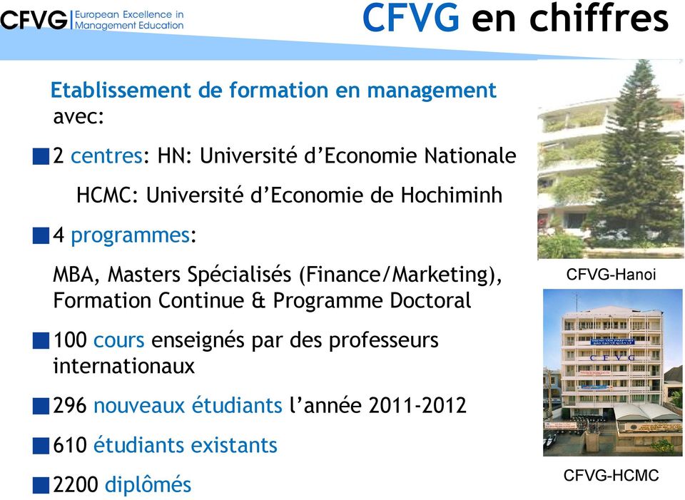 (Finance/Marketing), Formation Continue & Programme Doctoral CFVG-Hanoi 100 cours enseignés par des