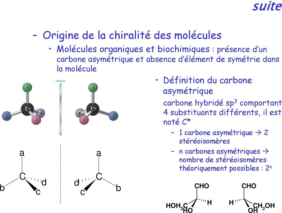 carbone hybridé sp 3 comportant 4 substituants différents, il est noté * c a b 1 carbone asymétrique 2