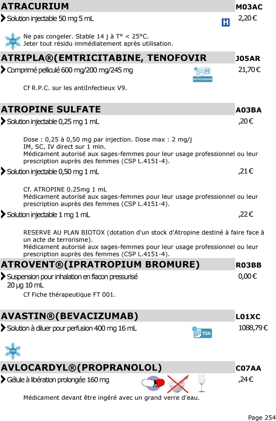 ATROPINE SULFATE A03BA Solution injectable 0,25 mg 1 ml,20 Dose : 0,25 à 0,50 mg par injection. Dose max : 2 mg/j IM, SC, IV direct sur 1 min. Solution injectable 0,50 mg 1 ml,21 Cf. ATROPINE 0.
