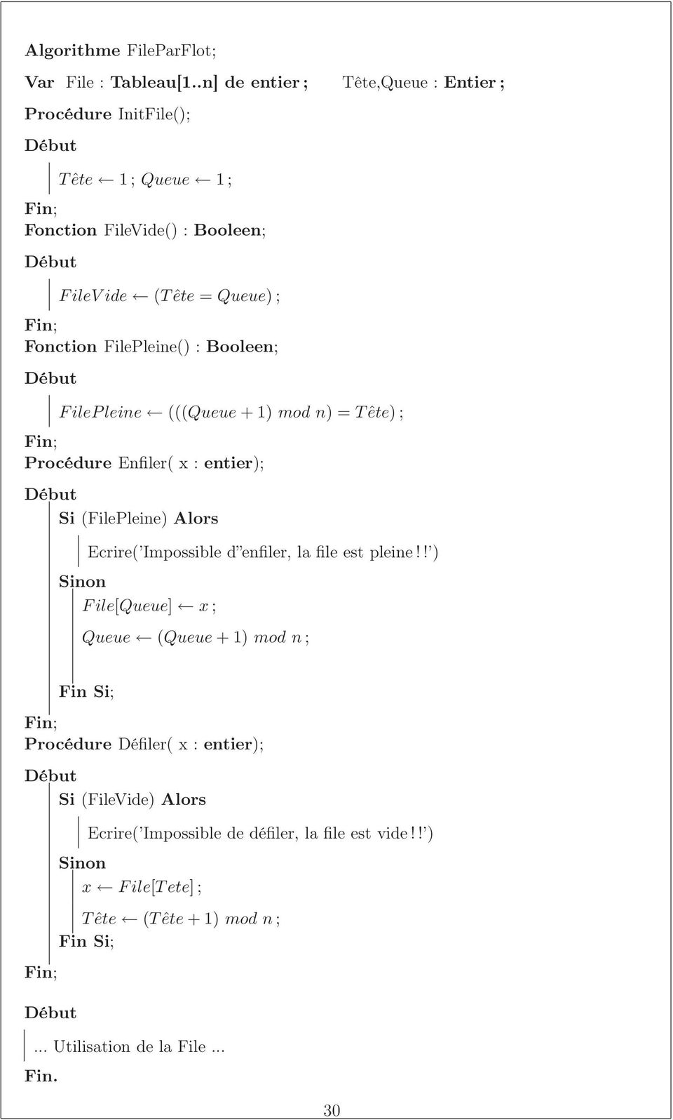 Fonction FilePleine() : Booleen; F ilep leine (((Queue +1)mod n) =T ête) ; Procédure Enfiler( x : entier); Si (FilePleine) Alors Ecrire(