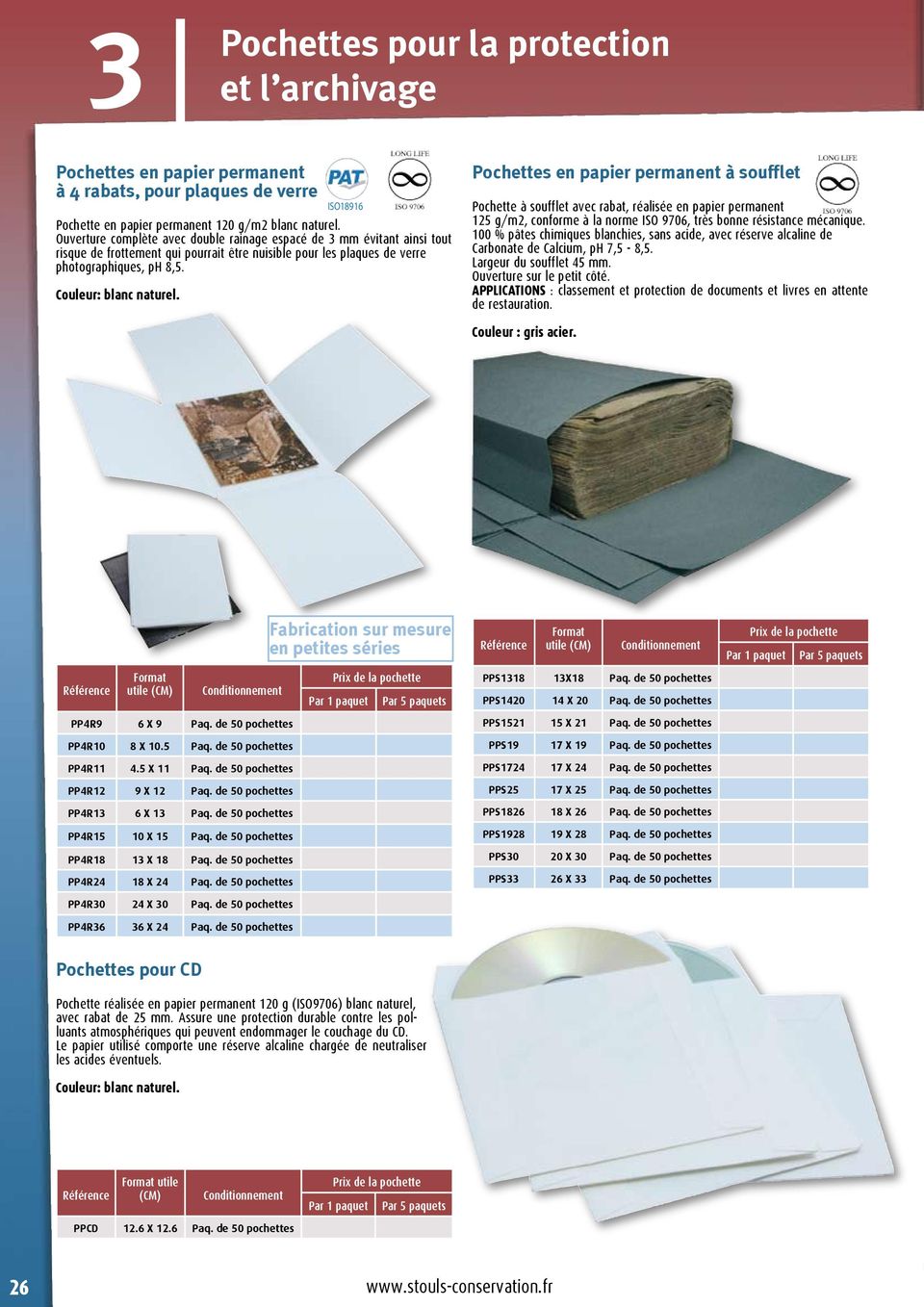 ISO18916 Pochettes en papier permanent à soufflet Pochette à soufflet avec rabat, réalisée en papier permanent 125 g/m2, conforme à la norme ISO 9706, très bonne résistance mécanique.
