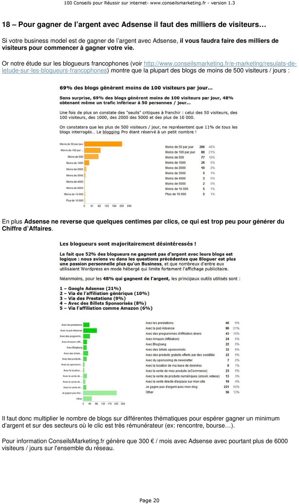 fr/e-marketing/resulats-deletude-sur-les-blogueurs-francophones) montre que la plupart des blogs de moins de 500 visiteurs / jours : En plus Adsense ne reverse que quelques centimes par clics, ce qui