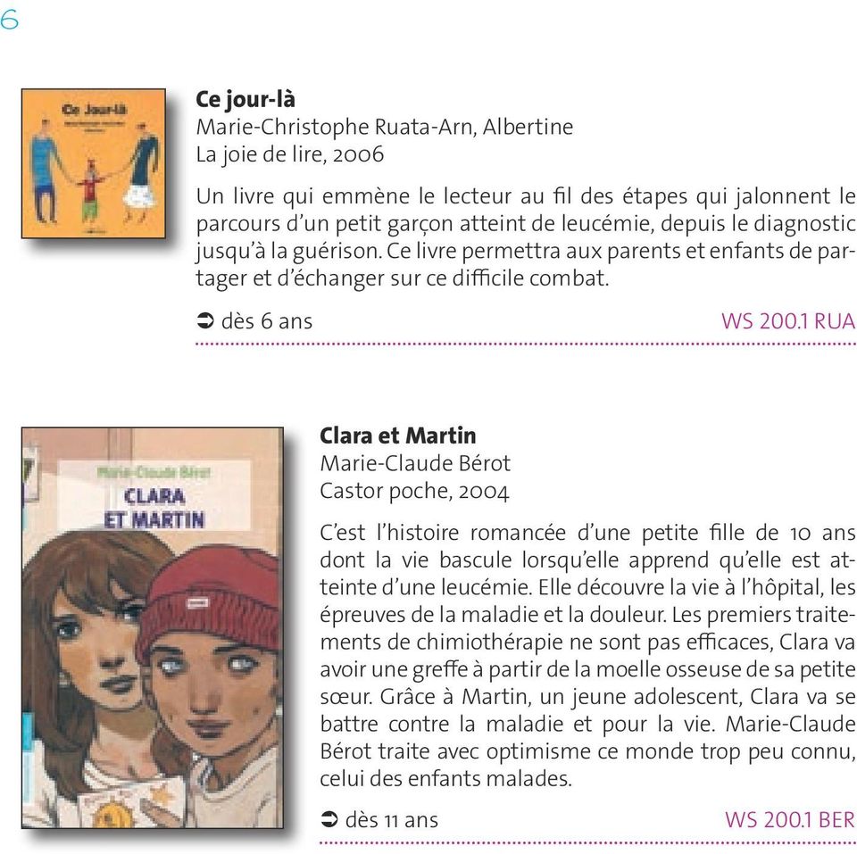 1 RUA Clara et Martin Marie-Claude Bérot Castor poche, 2004 C est l histoire romancée d une petite fille de 10 ans dont la vie bascule lorsqu elle apprend qu elle est atteinte d une leucémie.