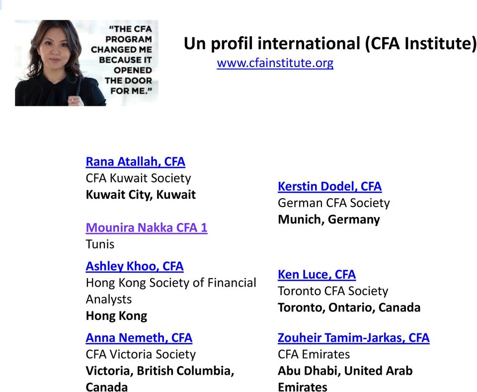 Society of Financial Analysts Hong Kong Anna Nemeth, CFA CFA Victoria Society Victoria, British Columbia, Canada