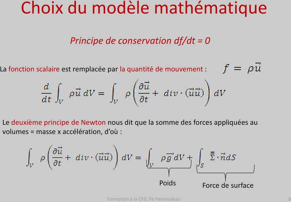 de Newton nous dit que la somme des forces appliquées au volumes = masse x