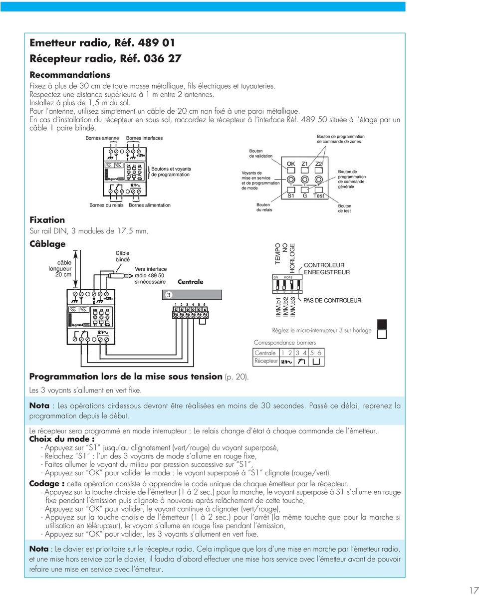 En cas d installation du récepteur en sous sol raccordez le récepteur à l interface Réf. 489 50 située à l étage par un câble paire blindé.