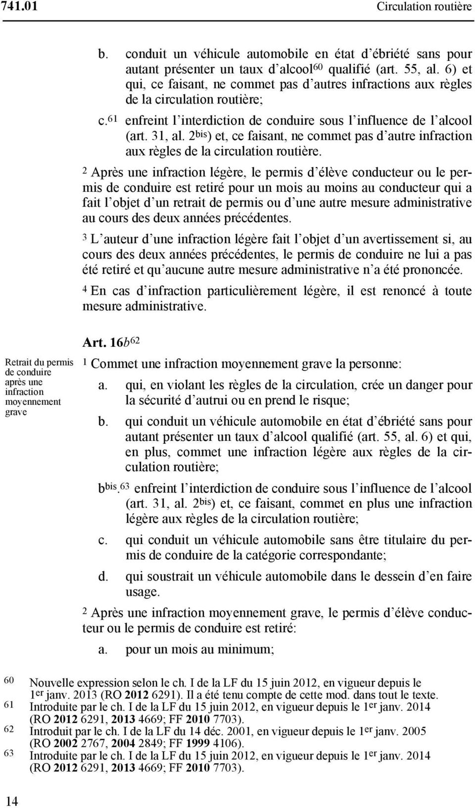 6) et qui, ce faisant, ne commet pas d autres infractions aux règles de la circulation routière; c. 61 enfreint l interdiction de conduire sous l influence de l alcool (art. 31, al.