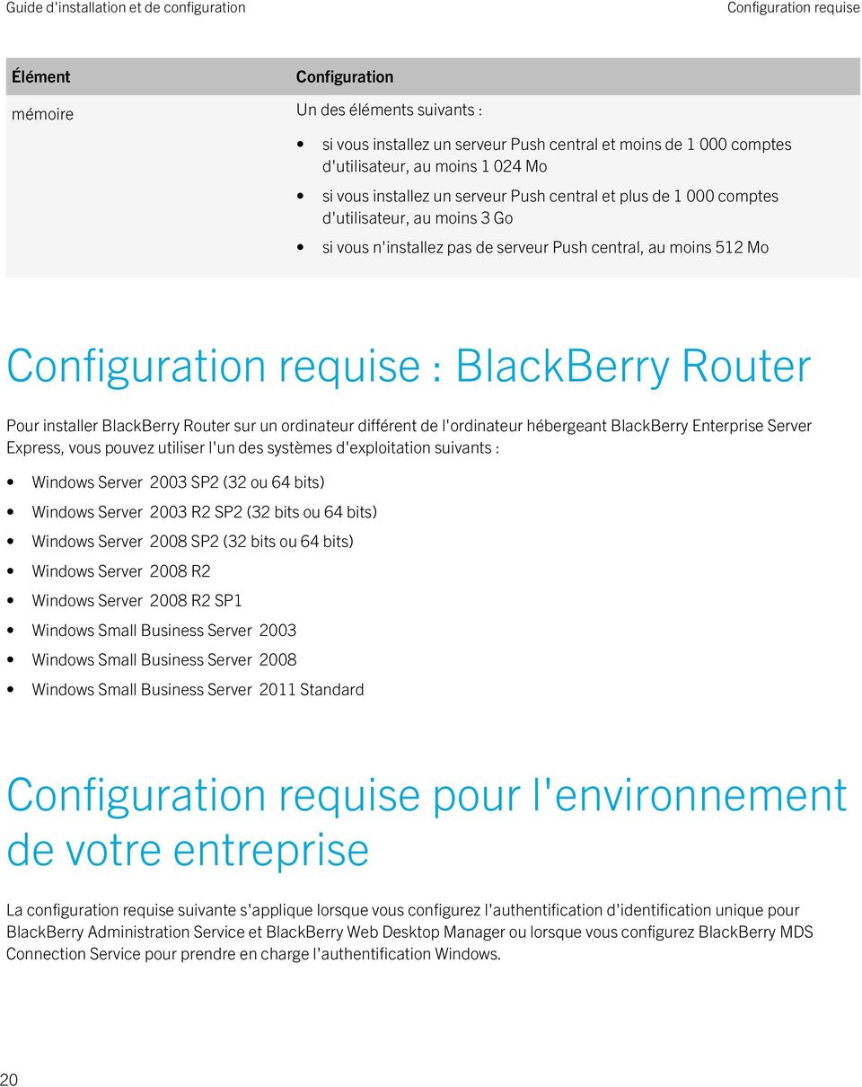 BlackBerry Router sur un ordinateur différent de l'ordinateur hébergeant BlackBerry Enterprise Server Express, vous pouvez utiliser l'un des systèmes d'exploitation suivants : Windows Server 2003 SP2