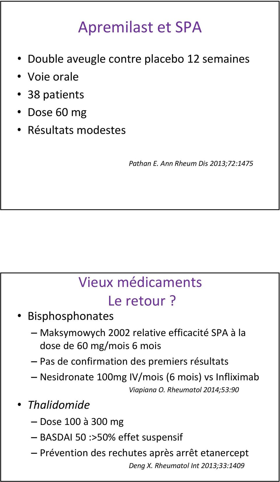 Bisphosphonates Maksymowych 2002 relative efficacité SPA àla dose de 60 mg/mois 6 mois Pas de confirmation des premiers résultats