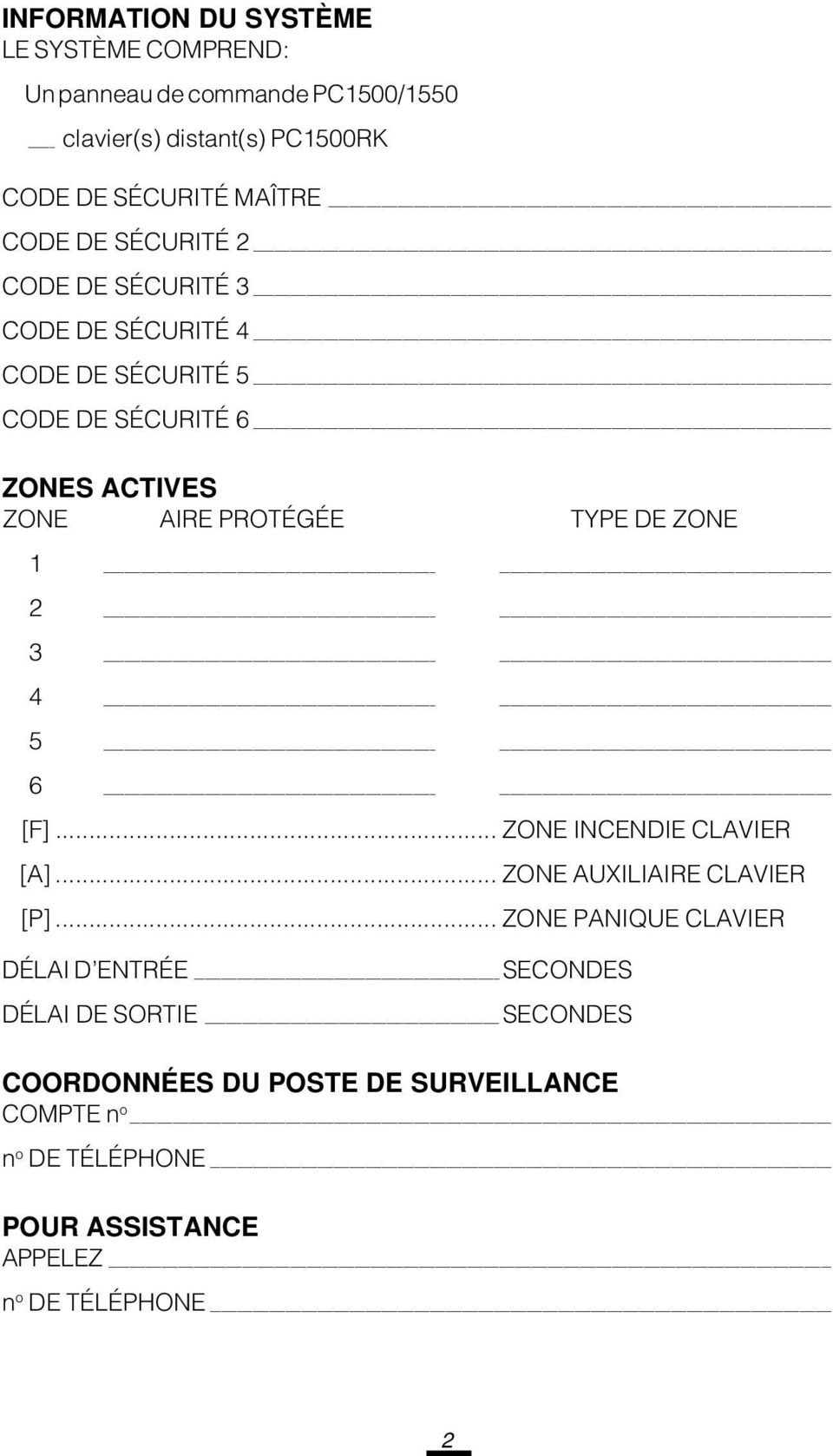 PROTÉGÉE TYPE DE ZONE 1 2 3 4 5 6 [F]... ZONE INCENDIE CLAVIER [A]... ZONE AUXILIAIRE CLAVIER [P].