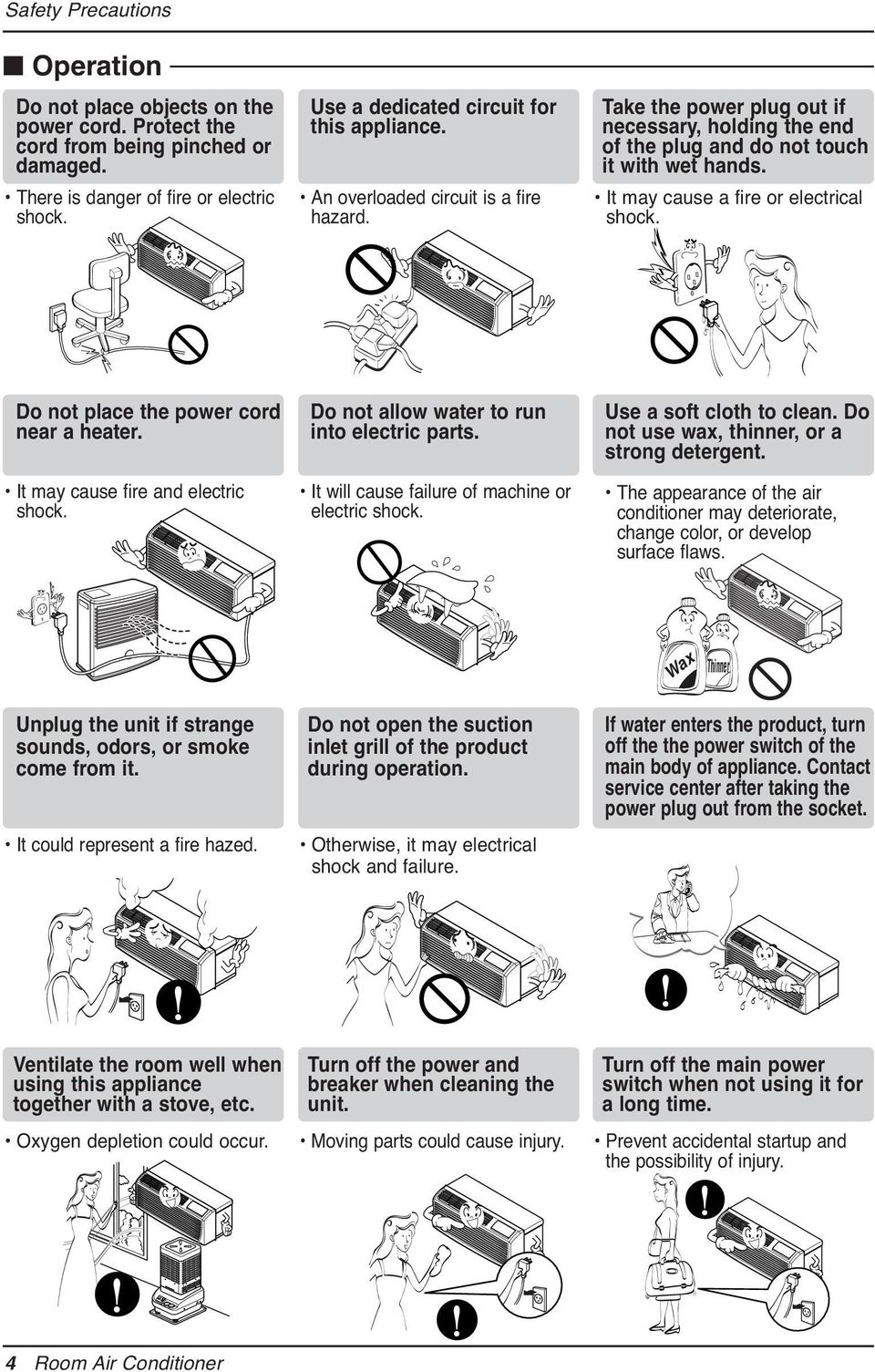 It may cause a fire or electrical shock. Do not place the power cord near a heater. It may cause fire and electric shock. Do not allow water to run into electric parts.