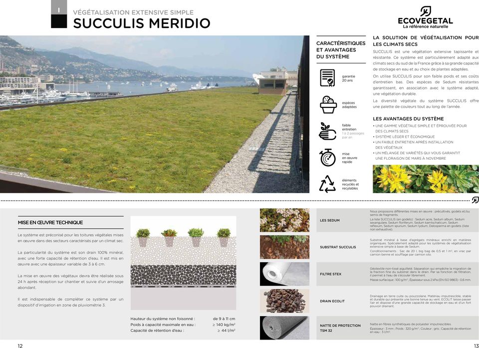 On utilise SUCCULIS pour son faible poids et ses coûts d entretien bas. Des espèces de Sedum résistantes garantissent, en association avec le système adapté, une végétation durable.