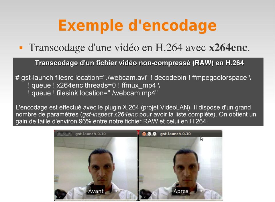 /webcam.mp4" L'encodage est effectué avec le plugin X.264 (projet VideoLAN).