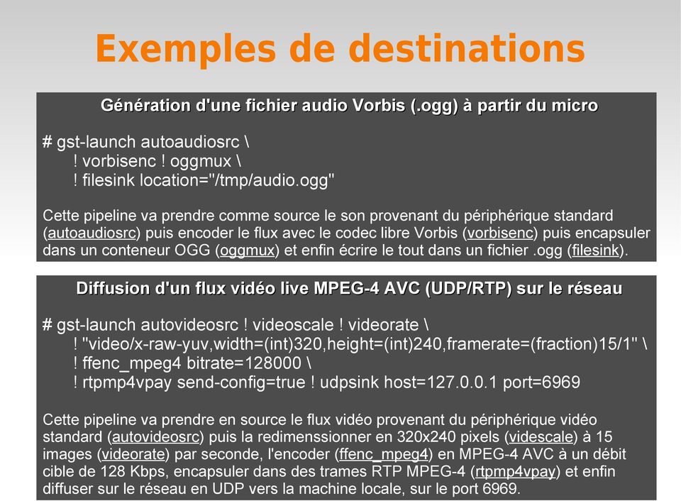 (oggmux) et enfin écrire le tout dans un fichier.ogg (filesink). Diffusion d'un flux vidéo live MPEG-4 AVC (UDP/RTP) sur le réseau # gst-launch autovideosrc! videoscale! videorate \!