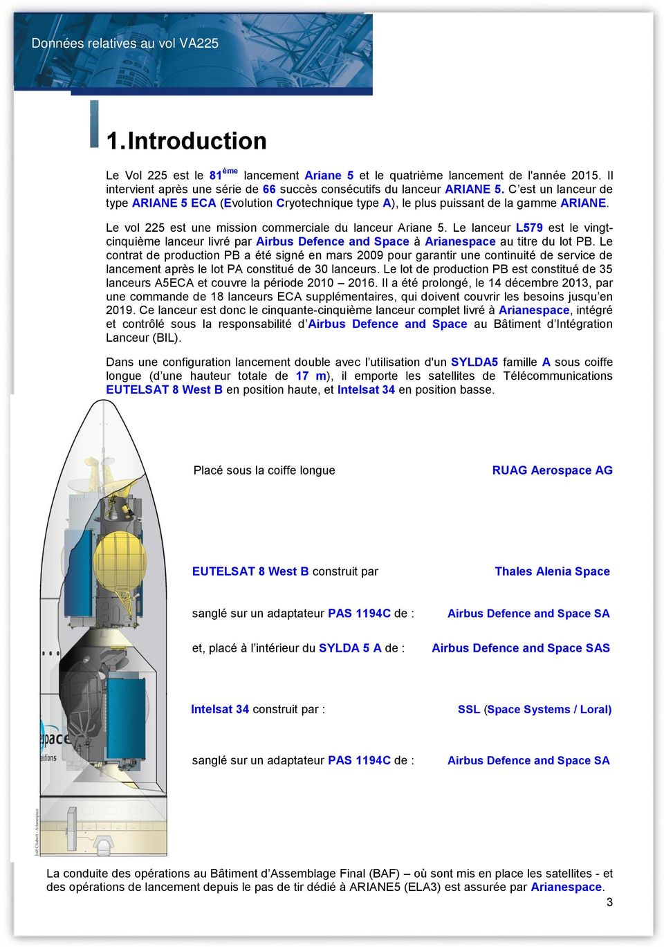 Le lanceur L579 est le vingtcinquième lanceur livré par Airbus Defence and Space à Arianespace au titre du lot PB.