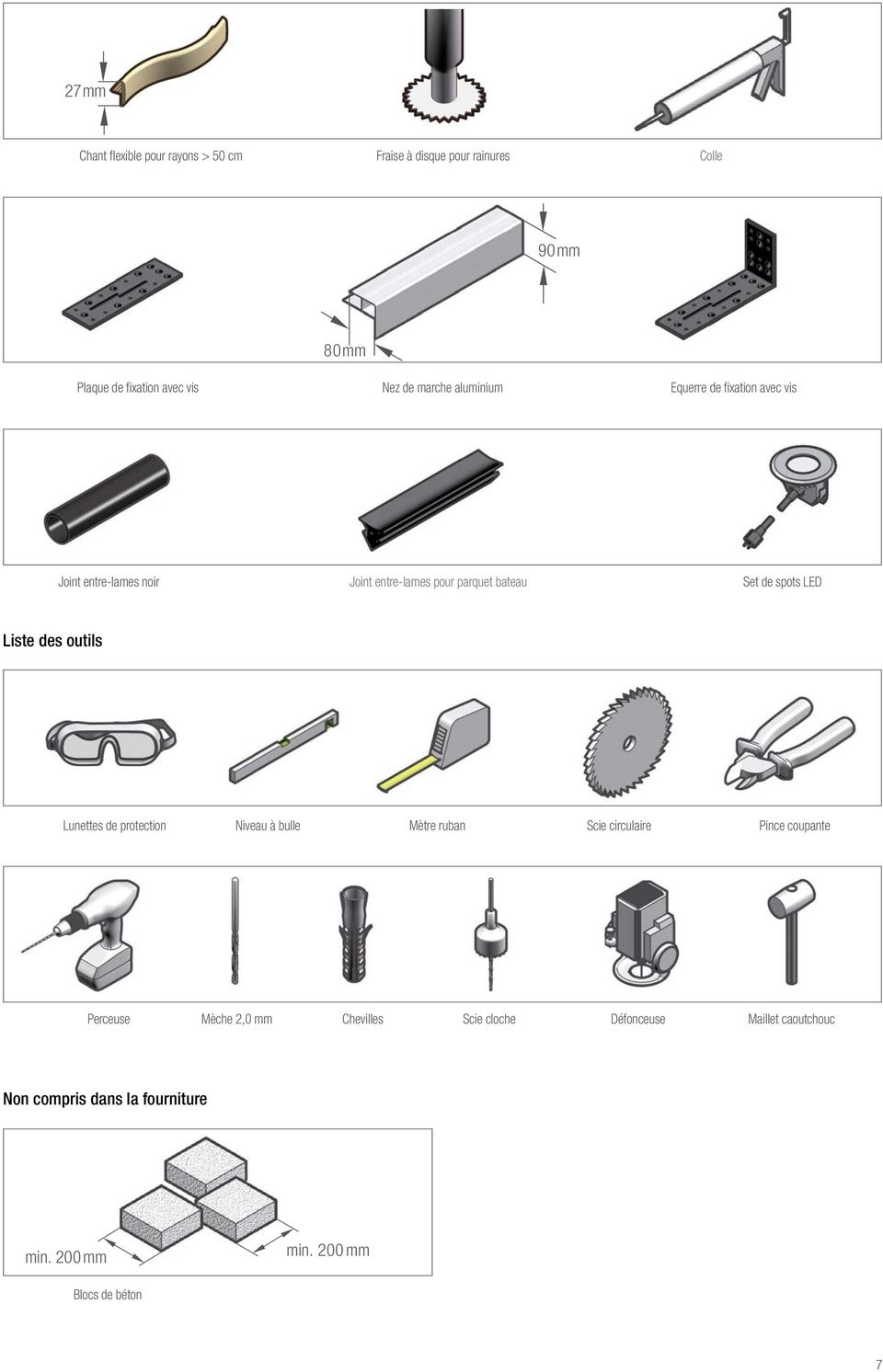 LED Liste des outils Lunettes de protection Niveau à bulle Mètre ruban Scie circulaire Pince coupante Perceuse Mèche 2,0