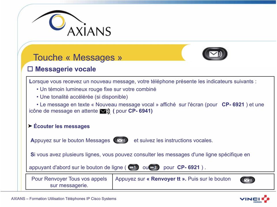 CP- 6941) Écouter les messages Appuyez sur le bouton Messages et suivez les instructions vocales.
