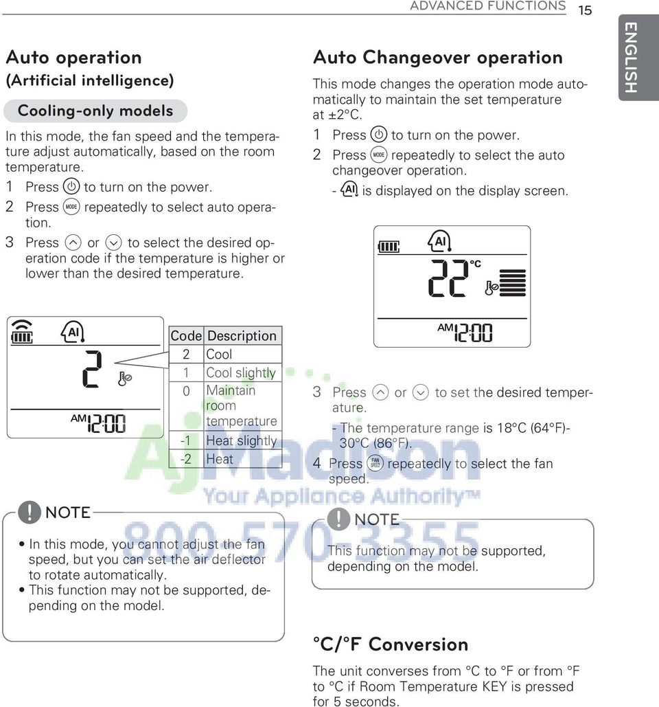 Auto Changeover operation This mode changes the operation mode automatically to maintain the set temperature at ±2 C. 1 Press to turn on the power.