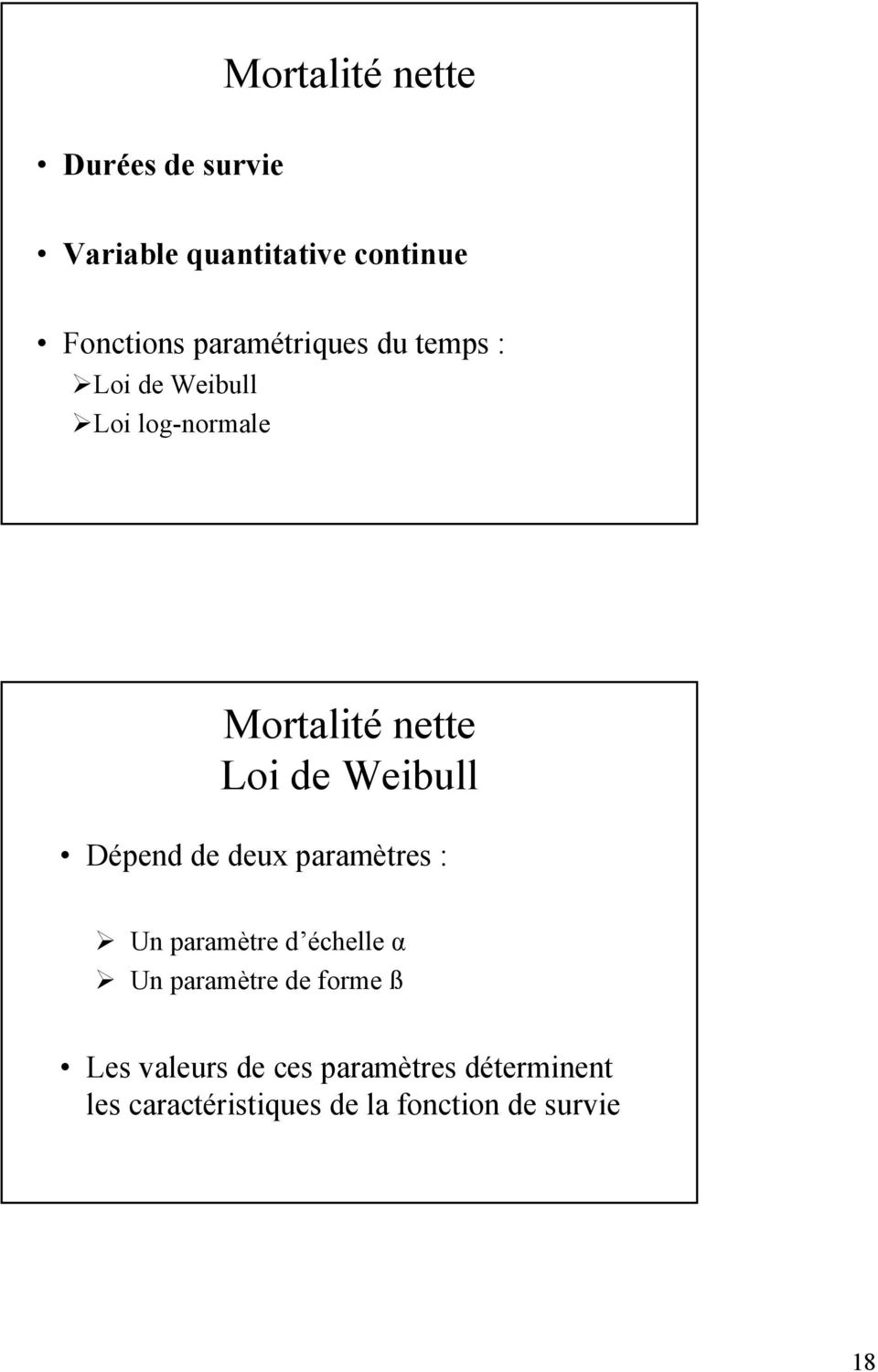 Weibull Dépend de deux paramètres : Un paramètre d échelle α Un paramètre de