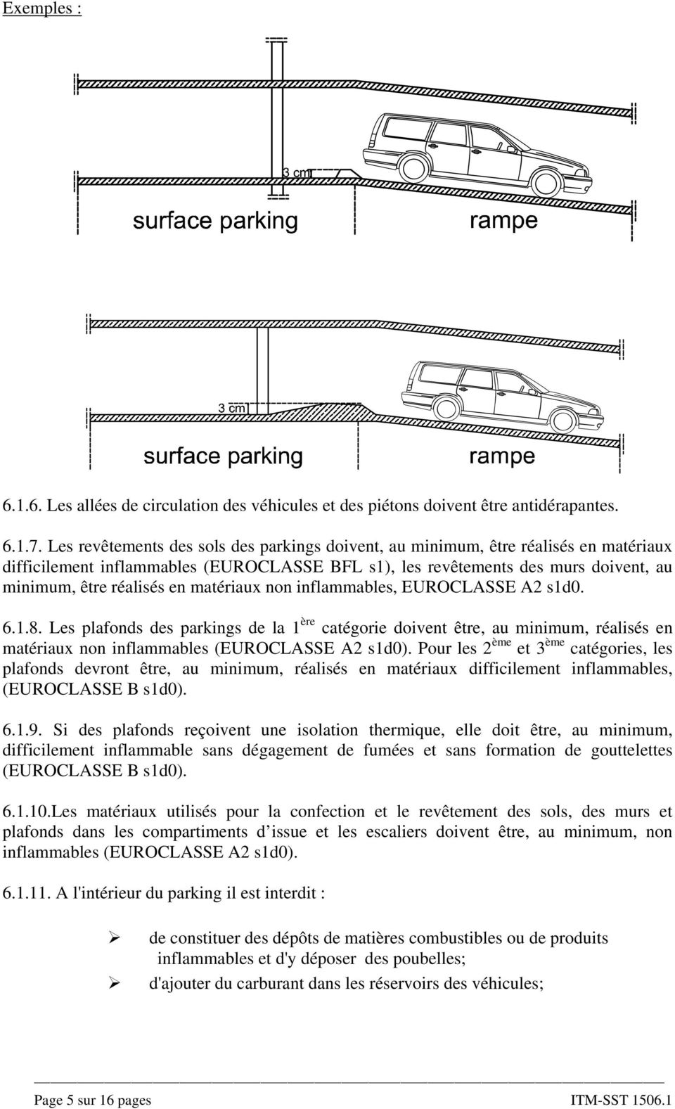 matériaux non inflammables, EUROCLASSE A2 s1d0. 6.1.8. Les plafonds des parkings de la 1 ère catégorie doivent être, au minimum, réalisés en matériaux non inflammables (EUROCLASSE A2 s1d0).