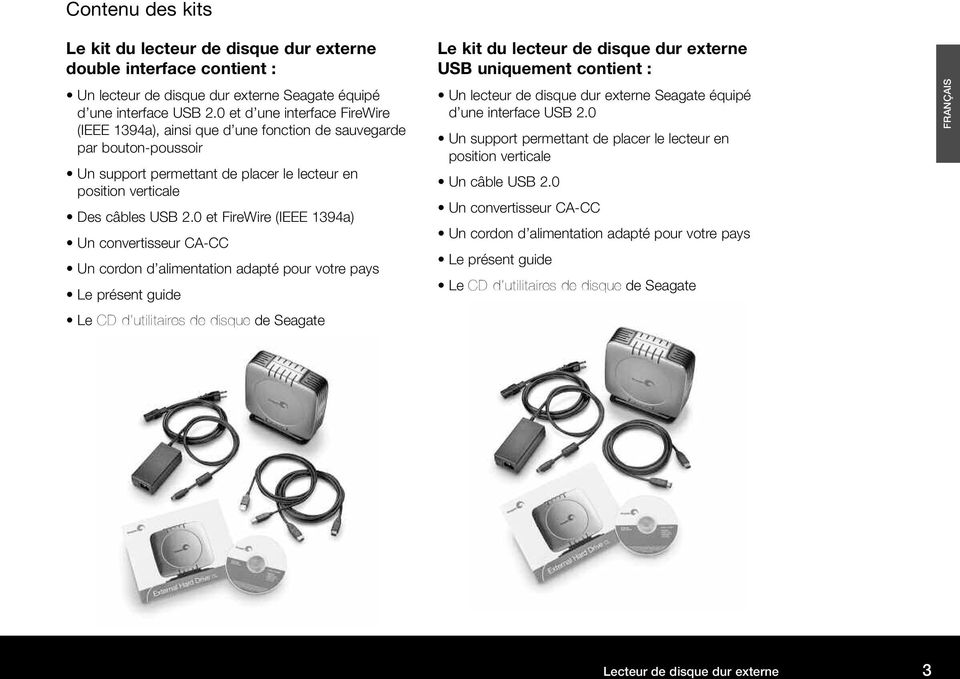 0 et FireWire (IEEE 1394a) Un convertisseur CA-CC Un cordon d alimentation adapté pour votre pays Le présent guide Le CD d utilitaires de disque de Seagate Le kit du lecteur de disque dur externe USB
