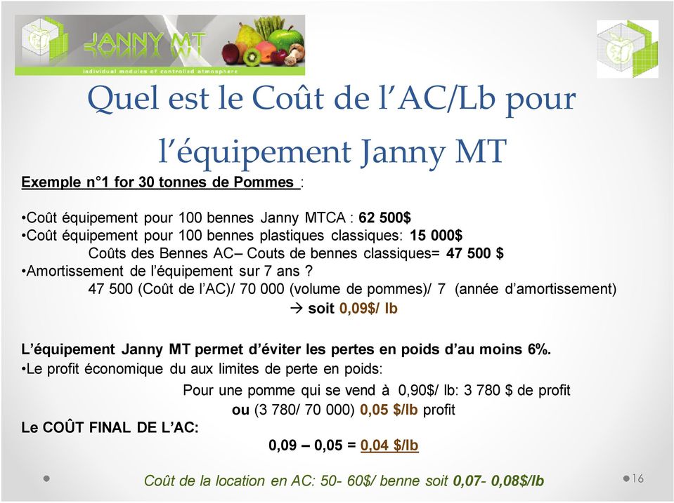 47 500 (Coût de l AC)/ 70 000 (volume de pommes)/ 7 (année d amortissement) soit 0,09$/ lb L équipement Janny MT permet d éviter les pertes en poids d au moins 6%.