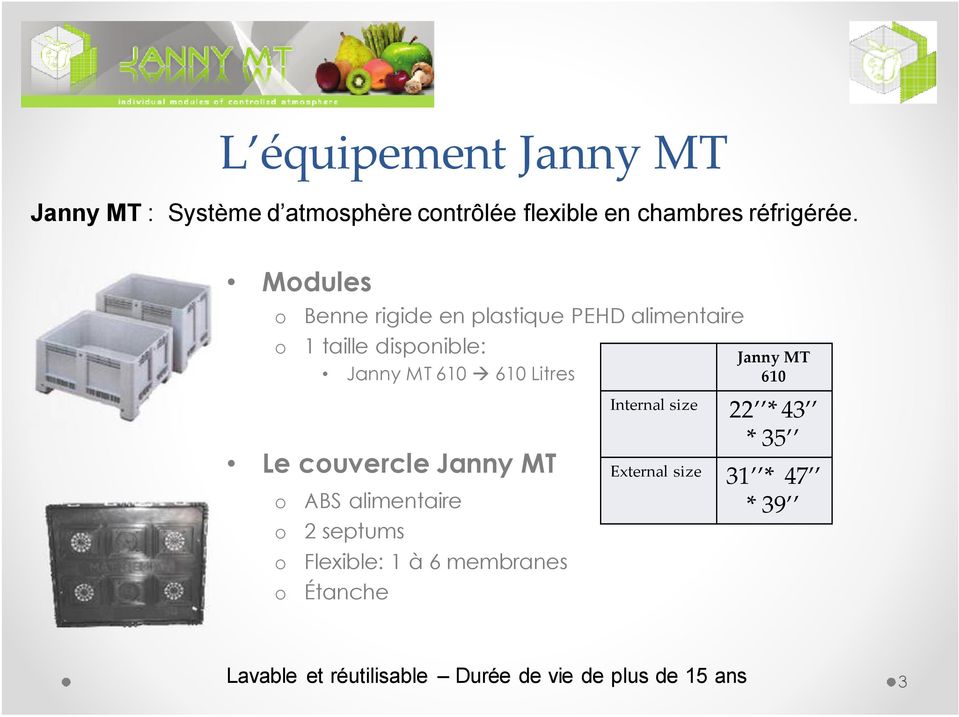 couvercle Janny MT o o o o ABS alimentaire 2 septums Flexible: 1 à 6 membranes Étanche Janny MT 610