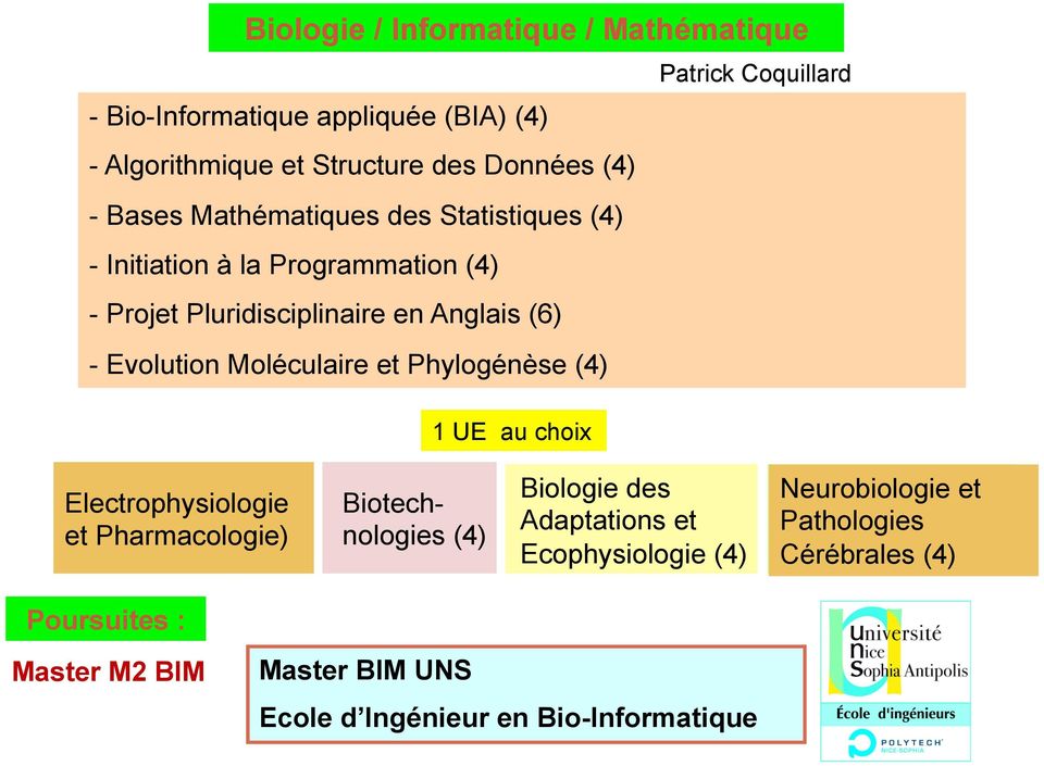 Evolution Moléculaire et Phylogénèse (4) 1 UE au choix Electrophysiologie et Pharmacologie) Biotechnologies (4) Biologie des Adaptations